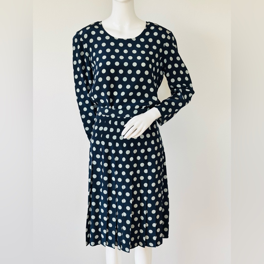Vintage Valentino Miss V Silk Polka Dot Dress Navy Grey Midi IT 40